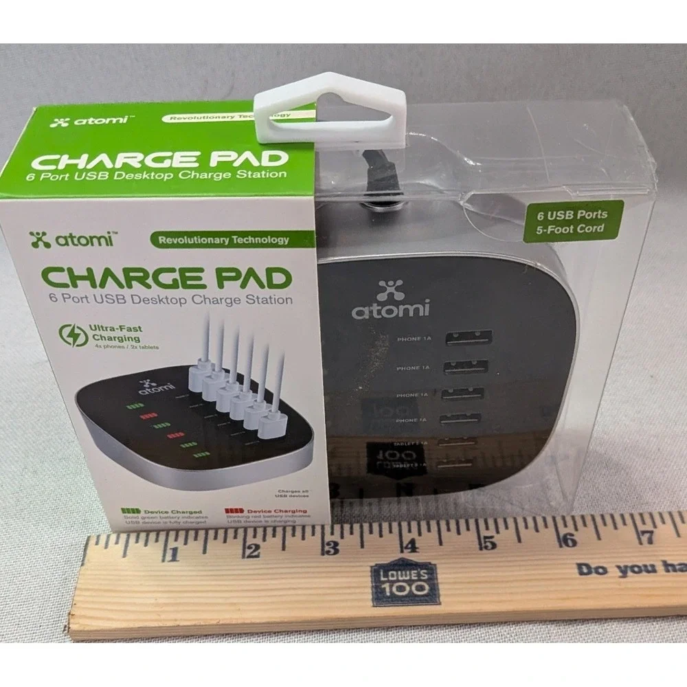 Atomi Charge Pad 6 Port USB Desktop Charge Station Black AT1054 New 5ft Cord